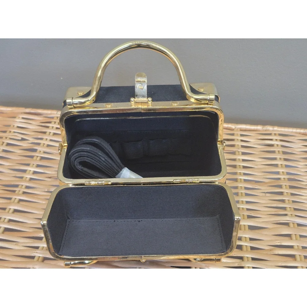 La Regale Vintage Black Velvet Trunk Box Bag Gold Hardware Evening Purse Handbag